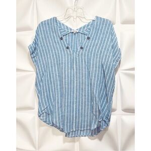 Rails Sz S Blue White Linen Blend Pinstripe Grommet V Neck Tunic Top Blouse